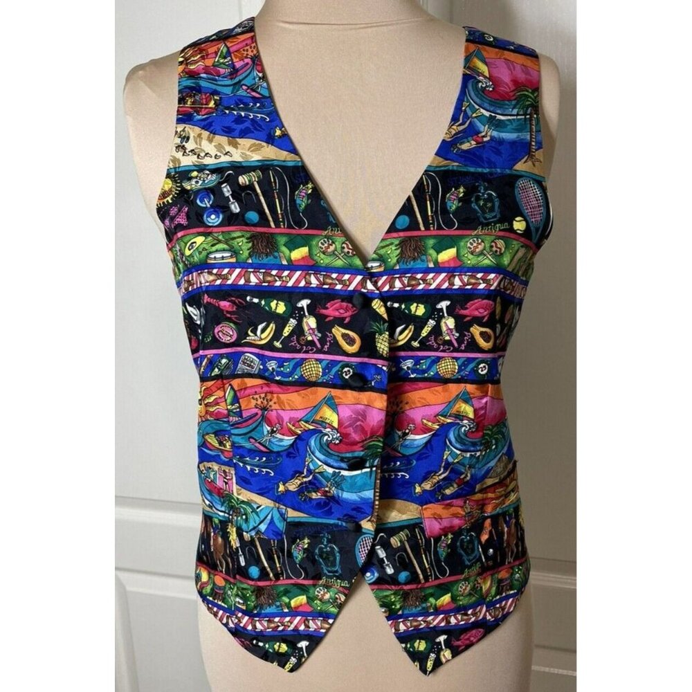Nicole Miller Vintage Silk Vest Small – Tropical Antigua Print Travel Theme 90s
